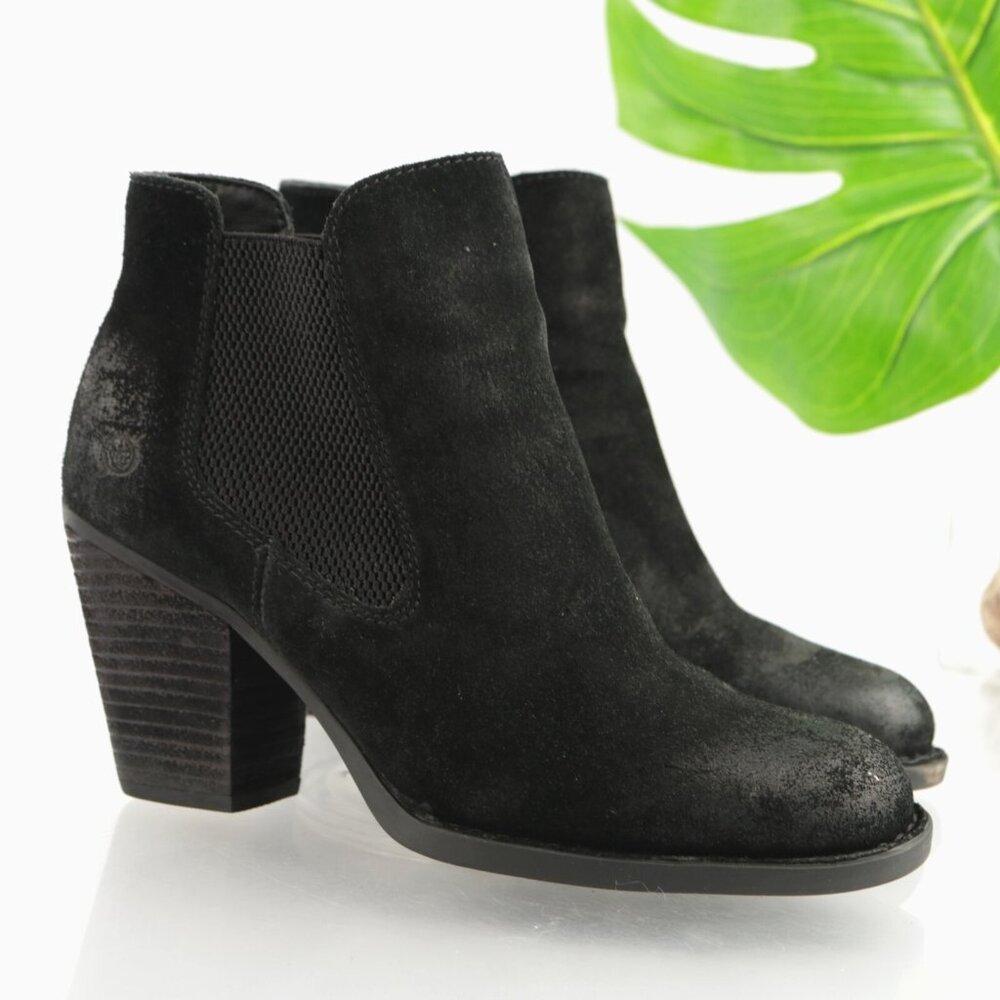 Born Womens Elaine Boot Size 8 Distressed Black Suede Chelsea Booties Block Heel